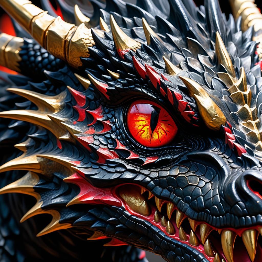 Black and Gold Dragon Eye Close-up, Oil Painting