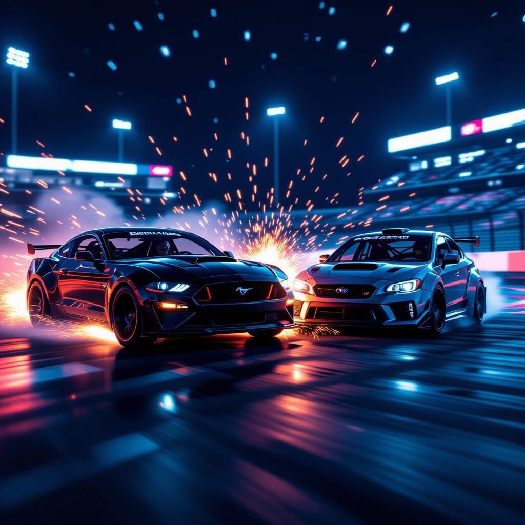 Neon Racetrack Collision: Mustang vs. Subaru