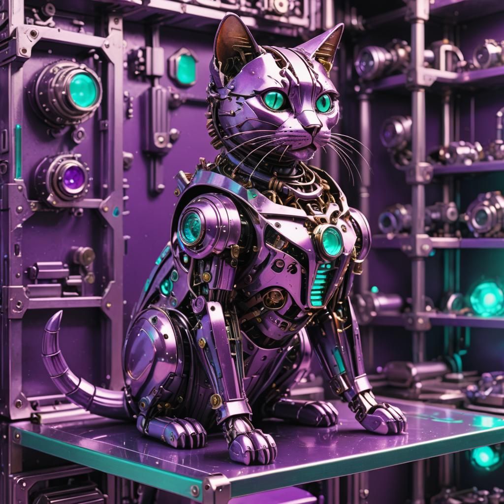 Steampunk Robotic Cat with Chrome and Holographic Effects