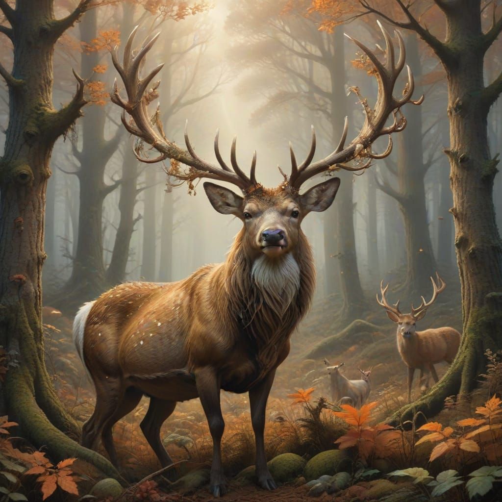 Majestic Autumn Forest with Fantastical Creatures