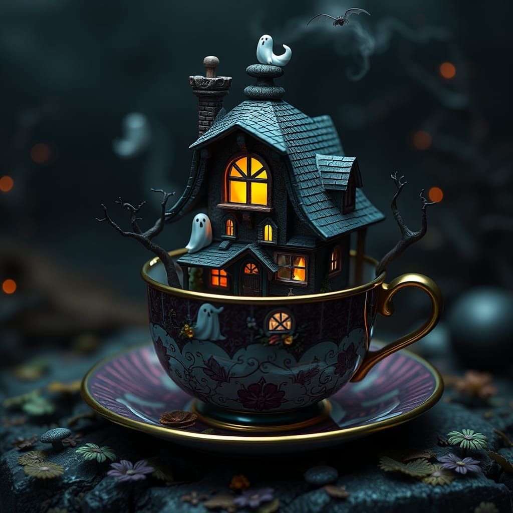 Tiny Haunted House Ghost Party in Teacup