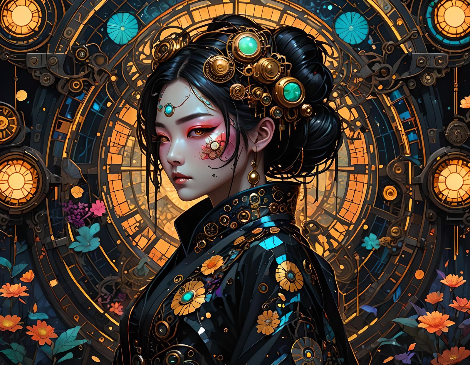 Biomechanical Geisha in Steampunk Twilight