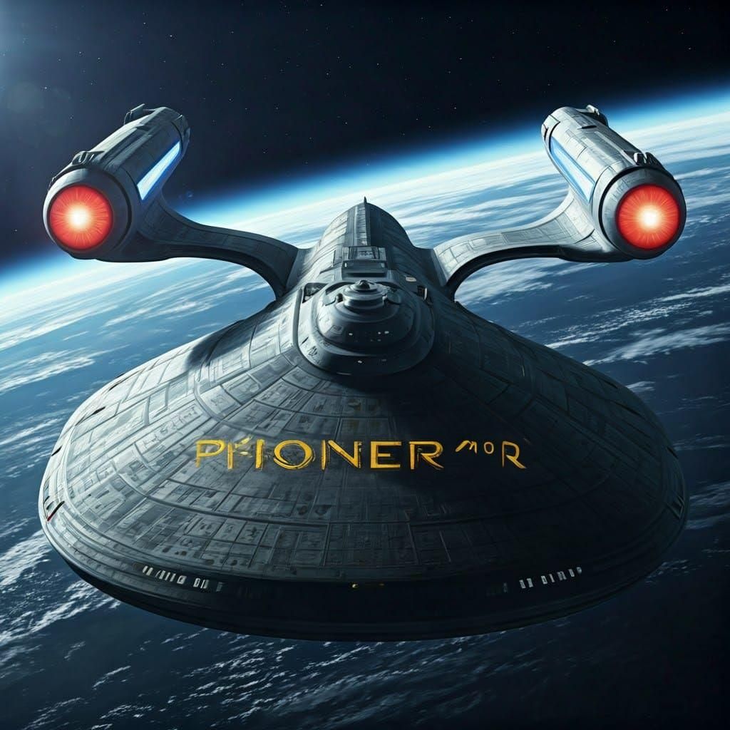 Star-Quest™ Pioneer 04 shuttle/ship. Digital scifi spaceship illustration, straight on, starship shuttlecraft made of du...