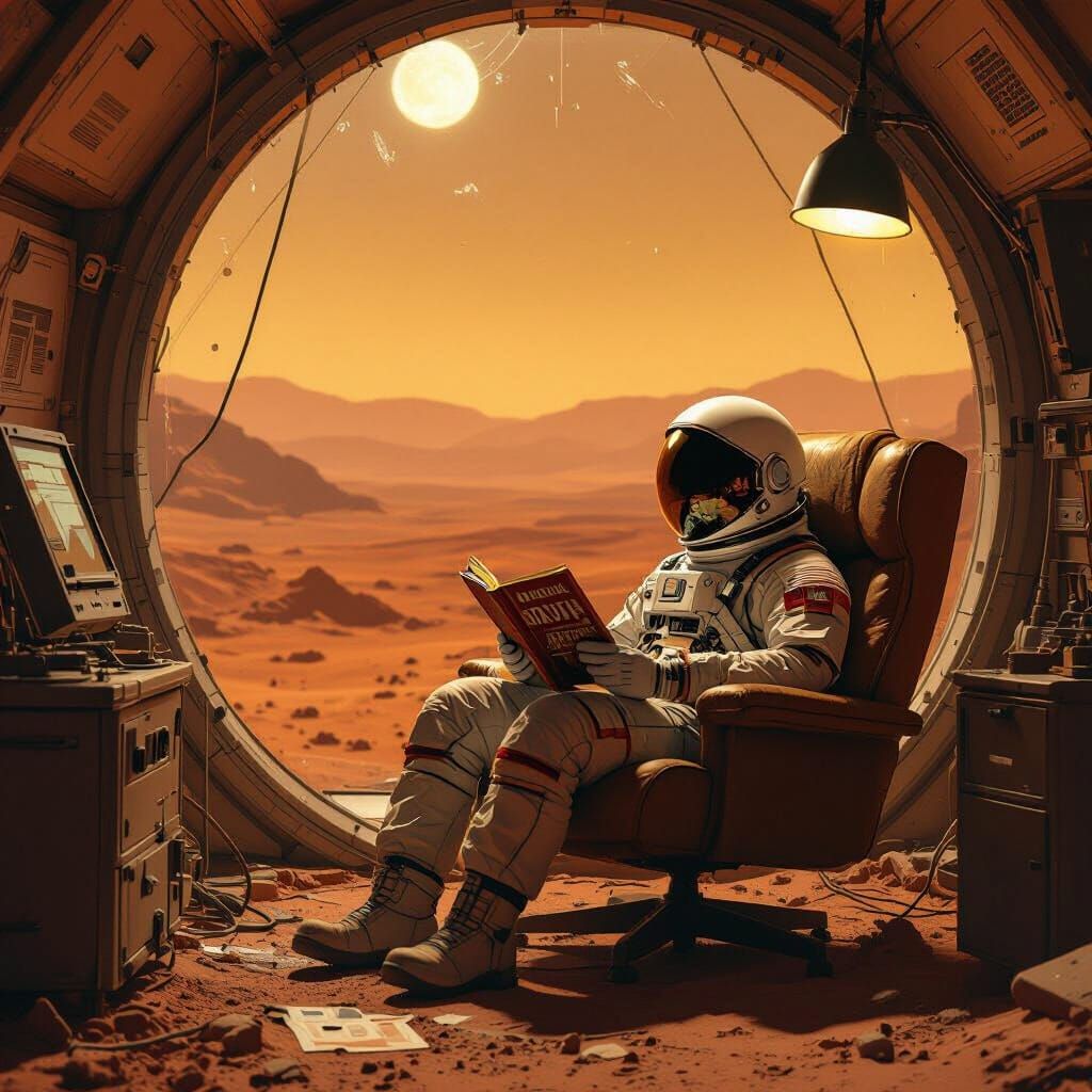 Astronaut Reading in Martian Biodome, Hyperrealistic Sci-Fi