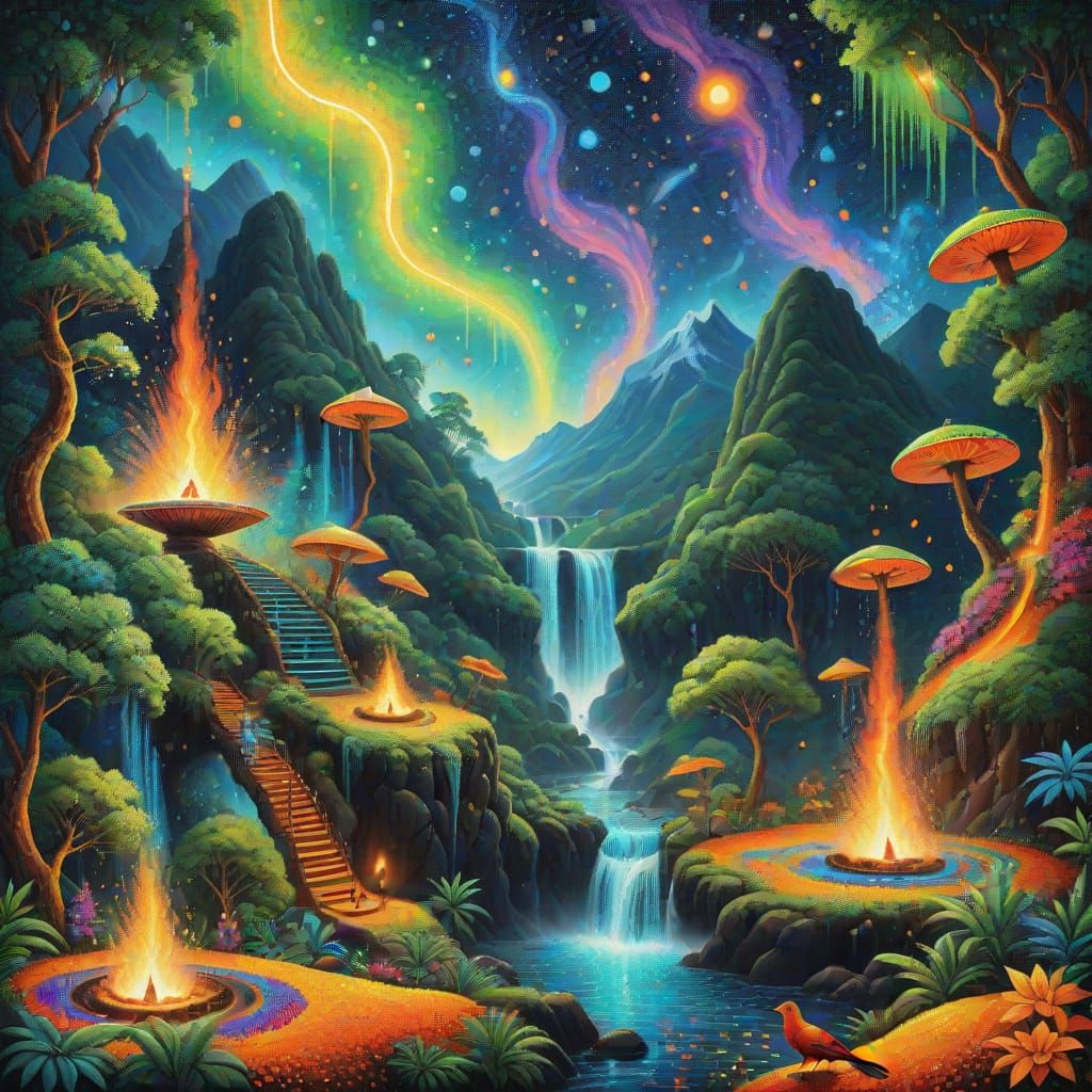 Psychedelic Abstract Art with Indigenous Ceremony and Cosmic...