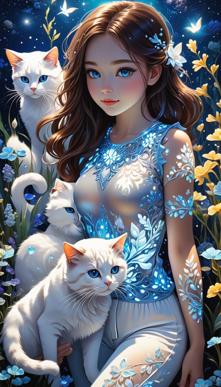 Underwater Fantasy: Girl, Cats, and Bioluminescent Plants