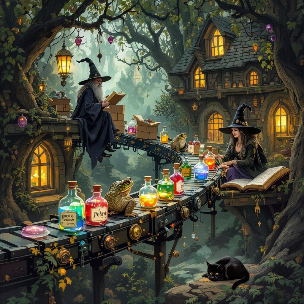 Witches Potion Factory Conveyor Belt with Toads and Wizard