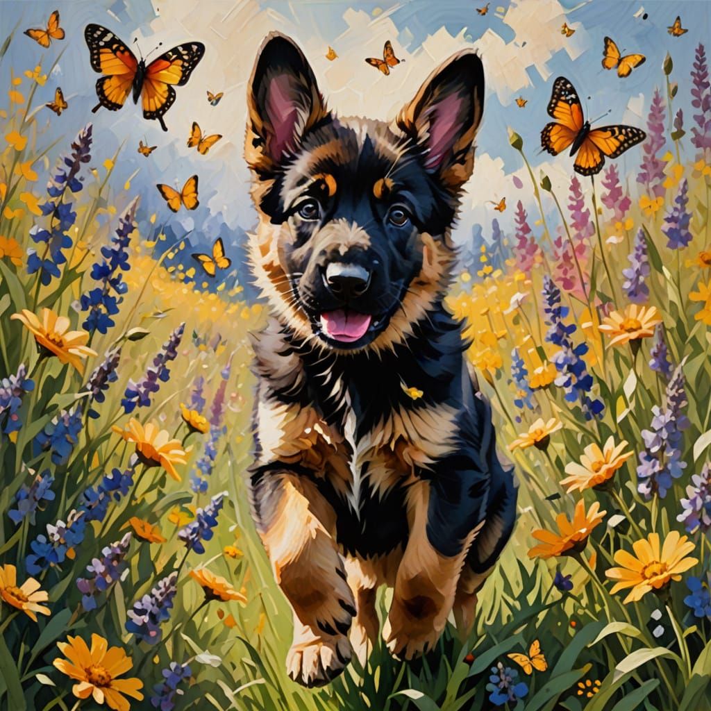 A joyful German Shepherd puppy frolicking in a field of wild...