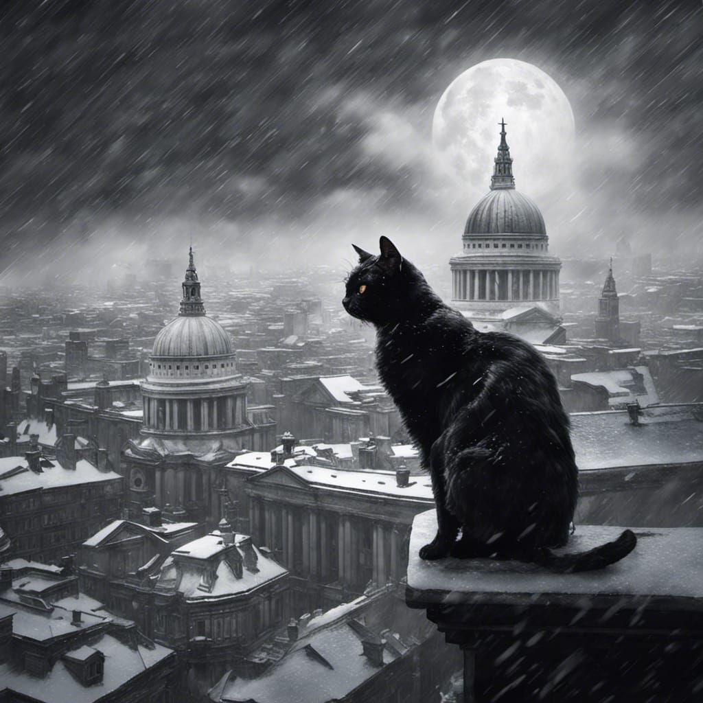 Black Cat Overlooking Snowy St. Paul's Cathedral