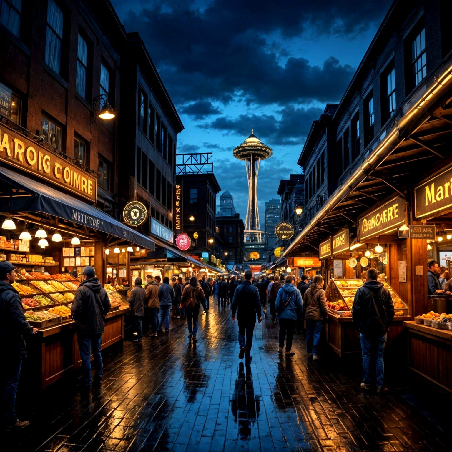 Ethereal Seattle Public Market Under Starry Night Skies