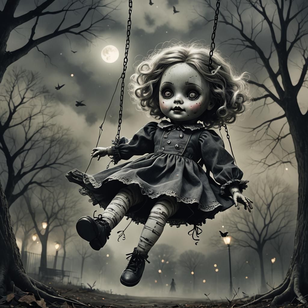 Evil Doll on a Swing: Charcoal Illustration