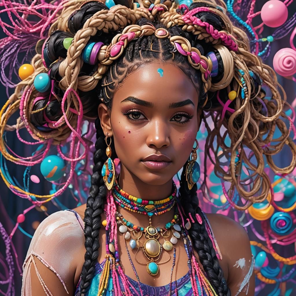 Bohemian Hairstyle with Neon Accents in Digital Art Style