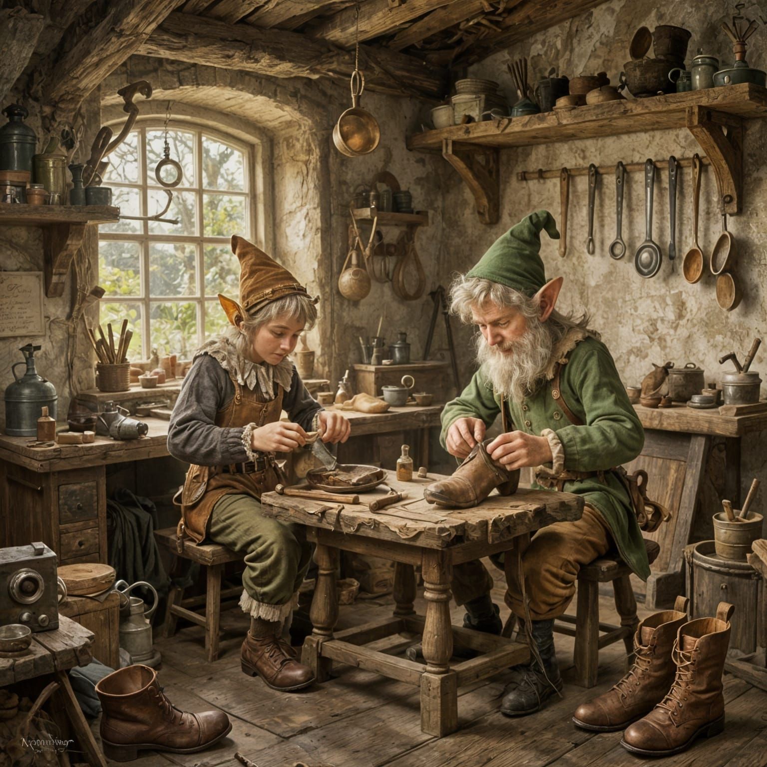 Fairytale Shoemaker's Workshop with Elves Making Shoes