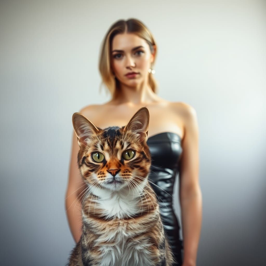 Woman in Latex Dress with Photobombing Cat