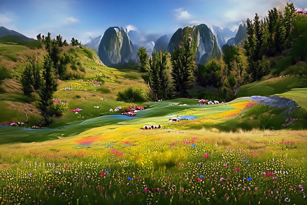 Colorful Flower Meadow Landscape in Oil Painting Style