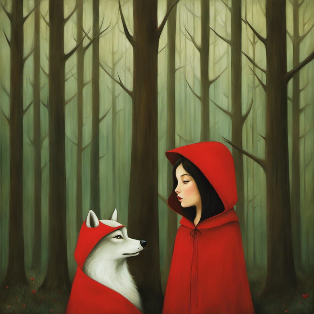 Little Red Riding Hood and Wolf in Forest