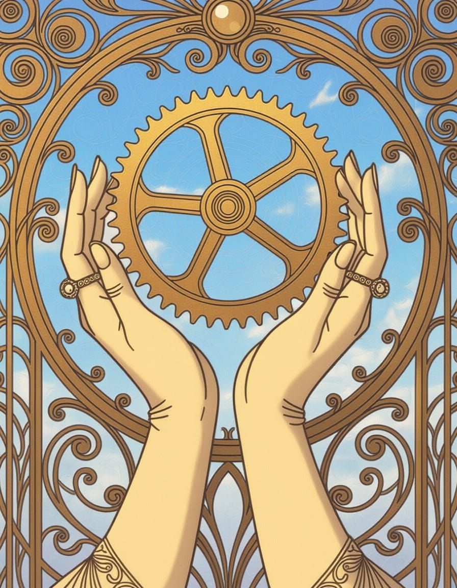 Art Nouveau Hands Holding Golden Cog in Victorian Style