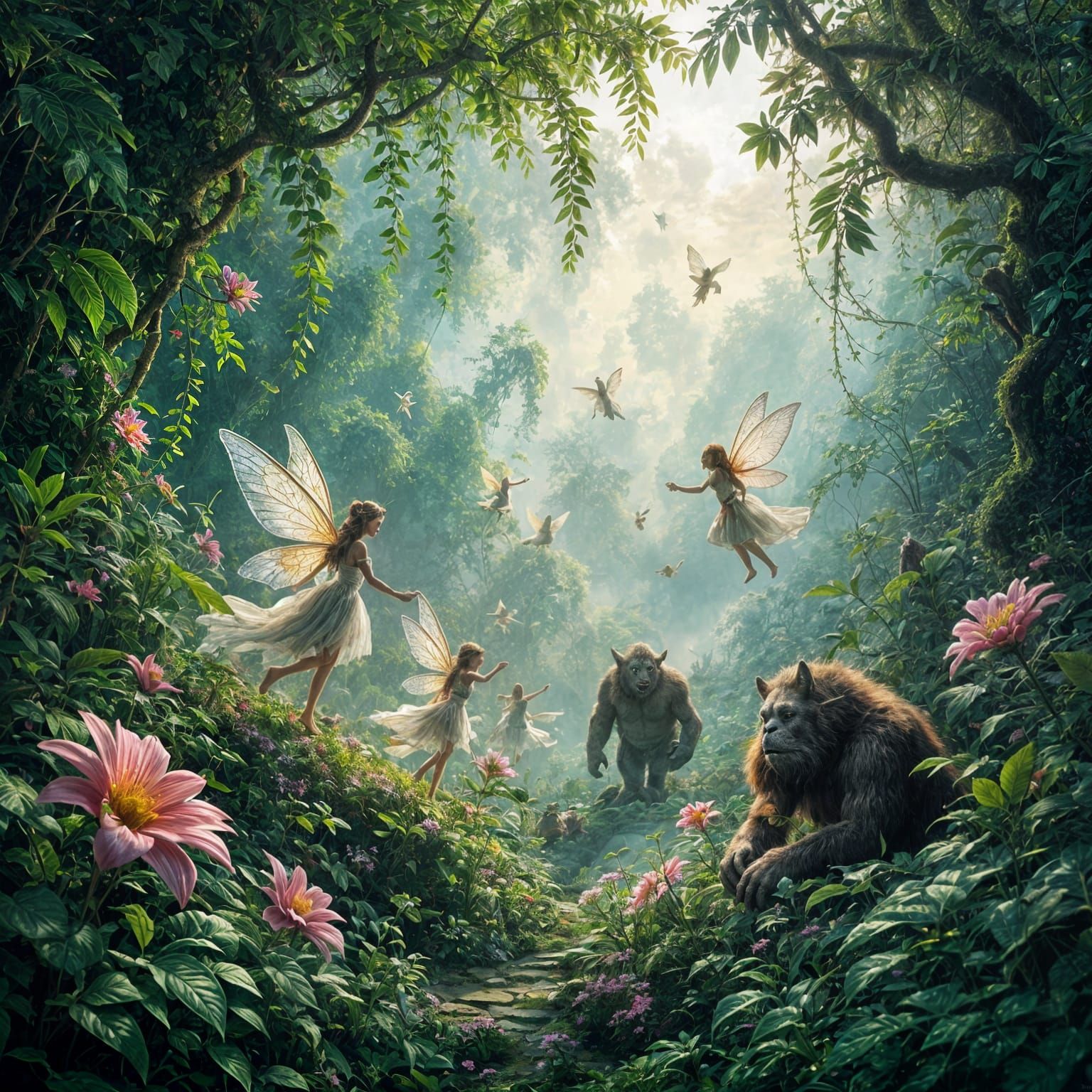 Ethereal Fairies in a Misty Wonderland Jungle