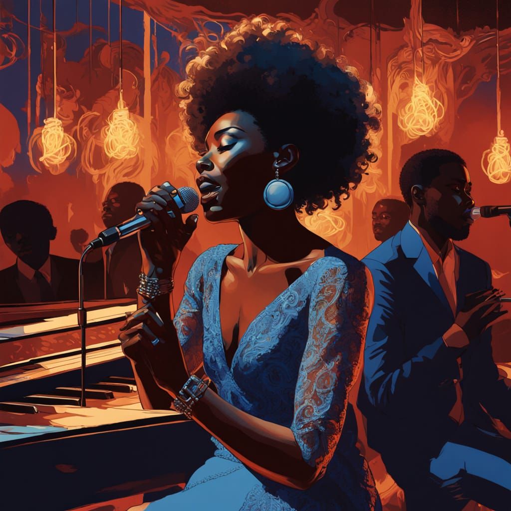 Hyperrealistic Lady Sings the Blues in Vibrant Night Club