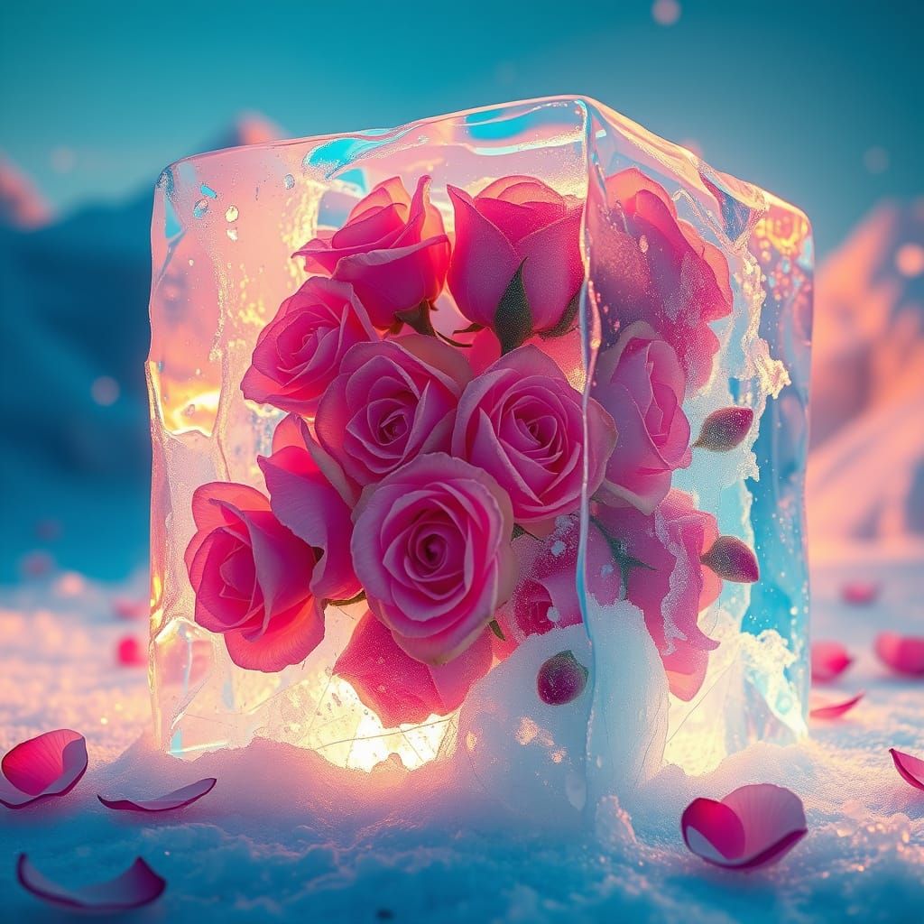 Frozen Roses in Ice Cube: Hyperrealistic Art