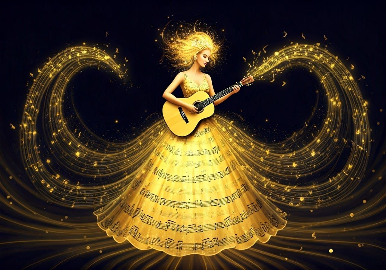 Luminous Woman in Musical Note Gown Fantasy Art