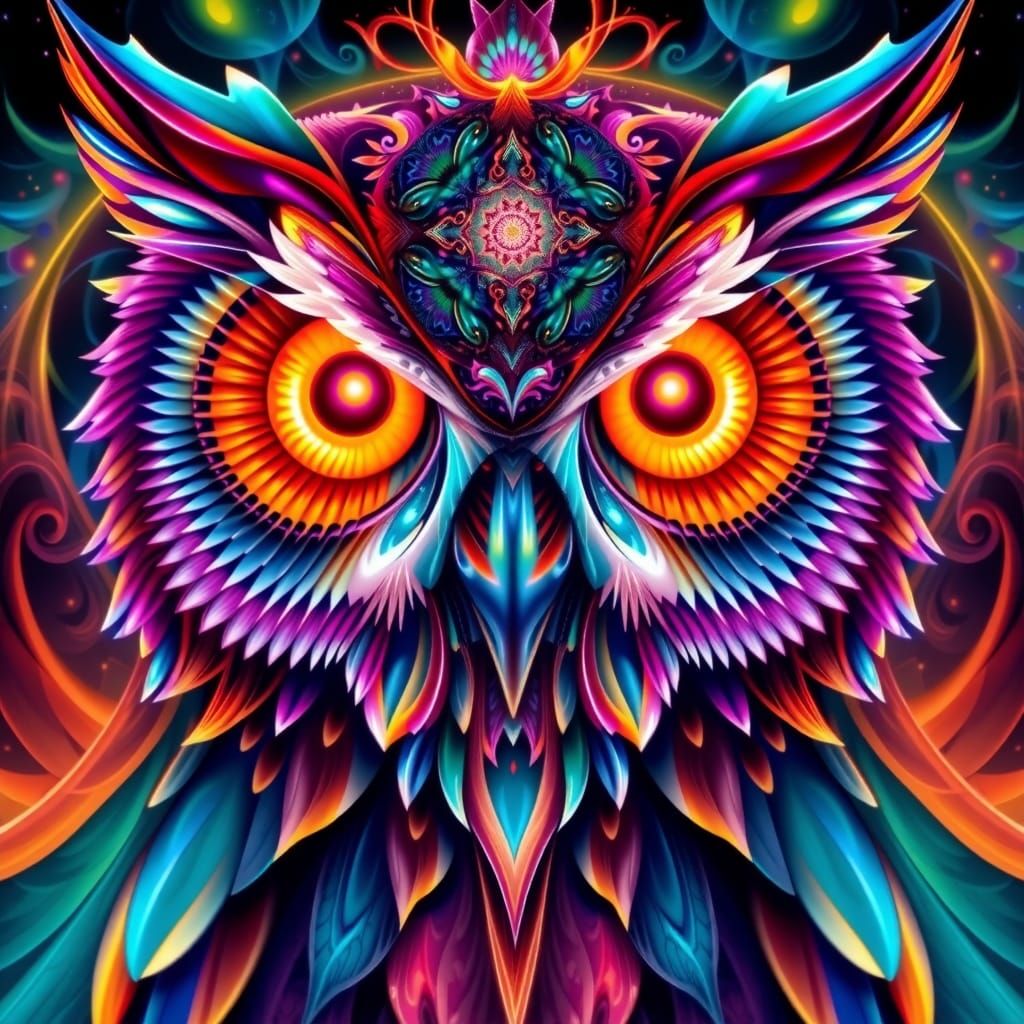 Psychedelic Fractal Owl with Shimmering Eyes