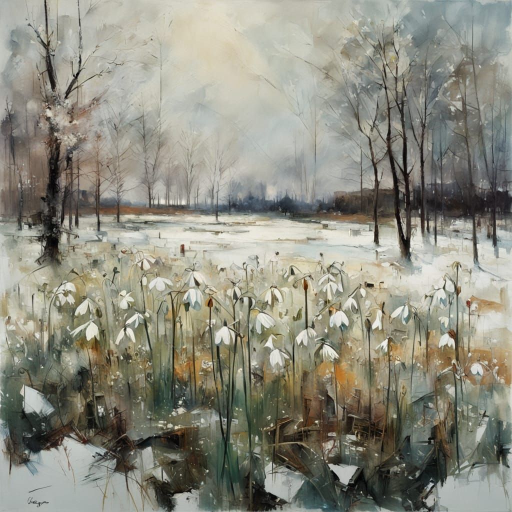 Snowdrops Emerge from Winter Landscape in Abstract Style