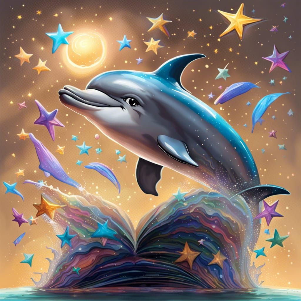 Cartoon Dolphin's Starry Jump: Fantasy Illustration