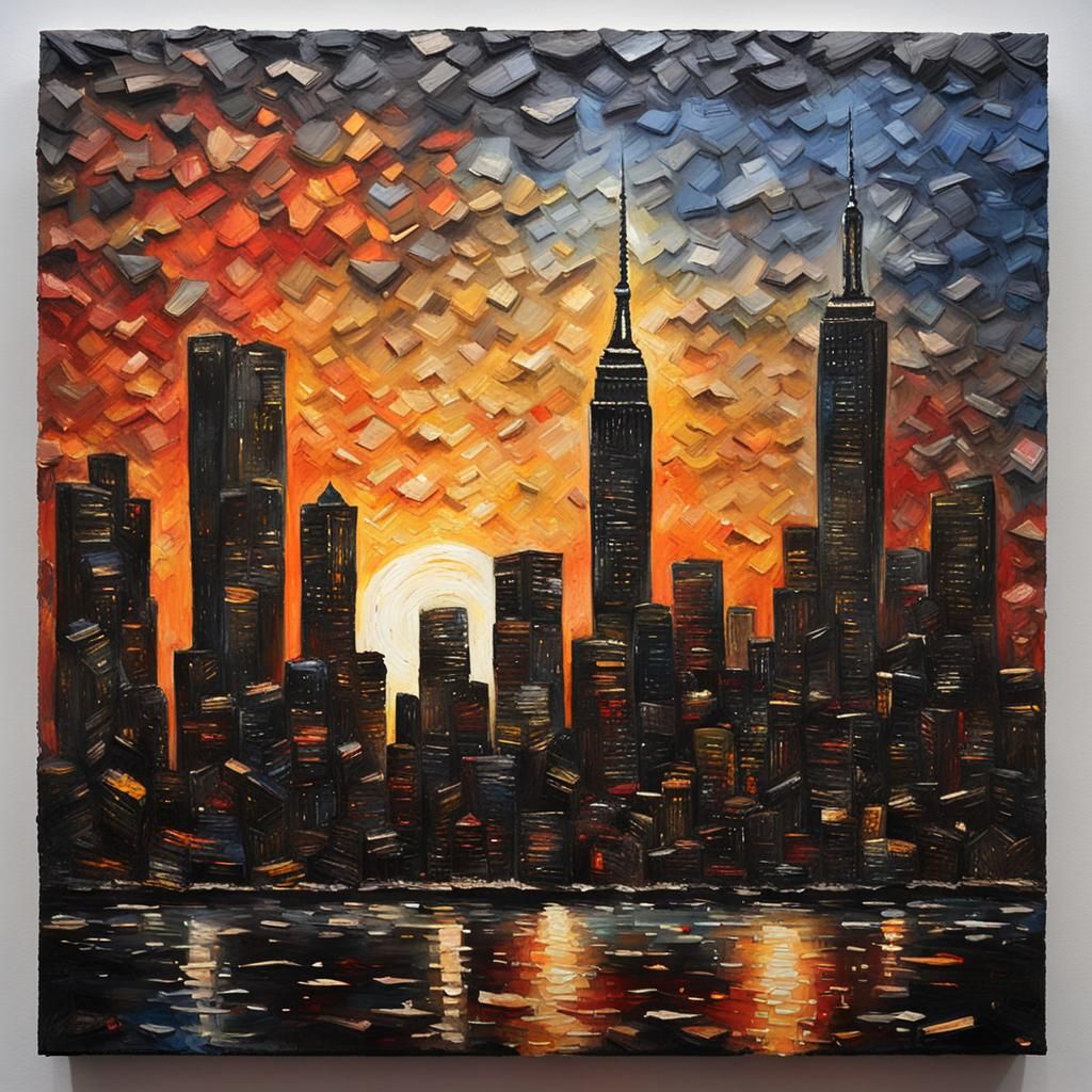 NYC Sunset: Impasto Oil Painting with Mixed Media