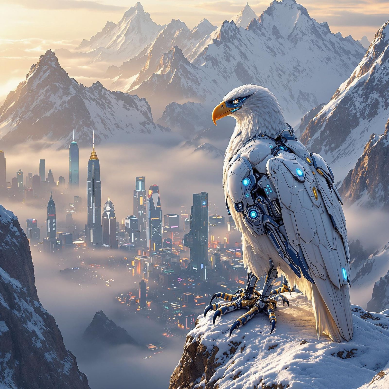Cyber Eagle Soars Over Futuristic Metropolis