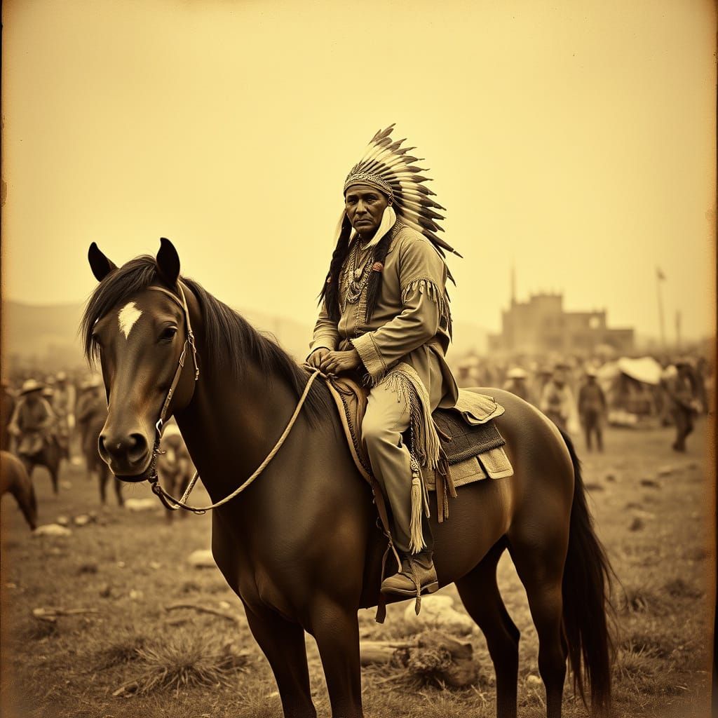 Sepia-Toned Portrait of a Solitary Native American Warrior o...