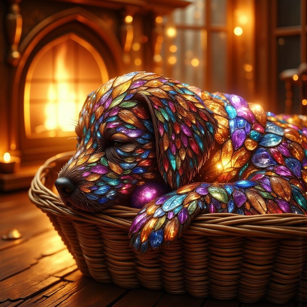 Stained Glass Puppy Sleeping by Fireplace