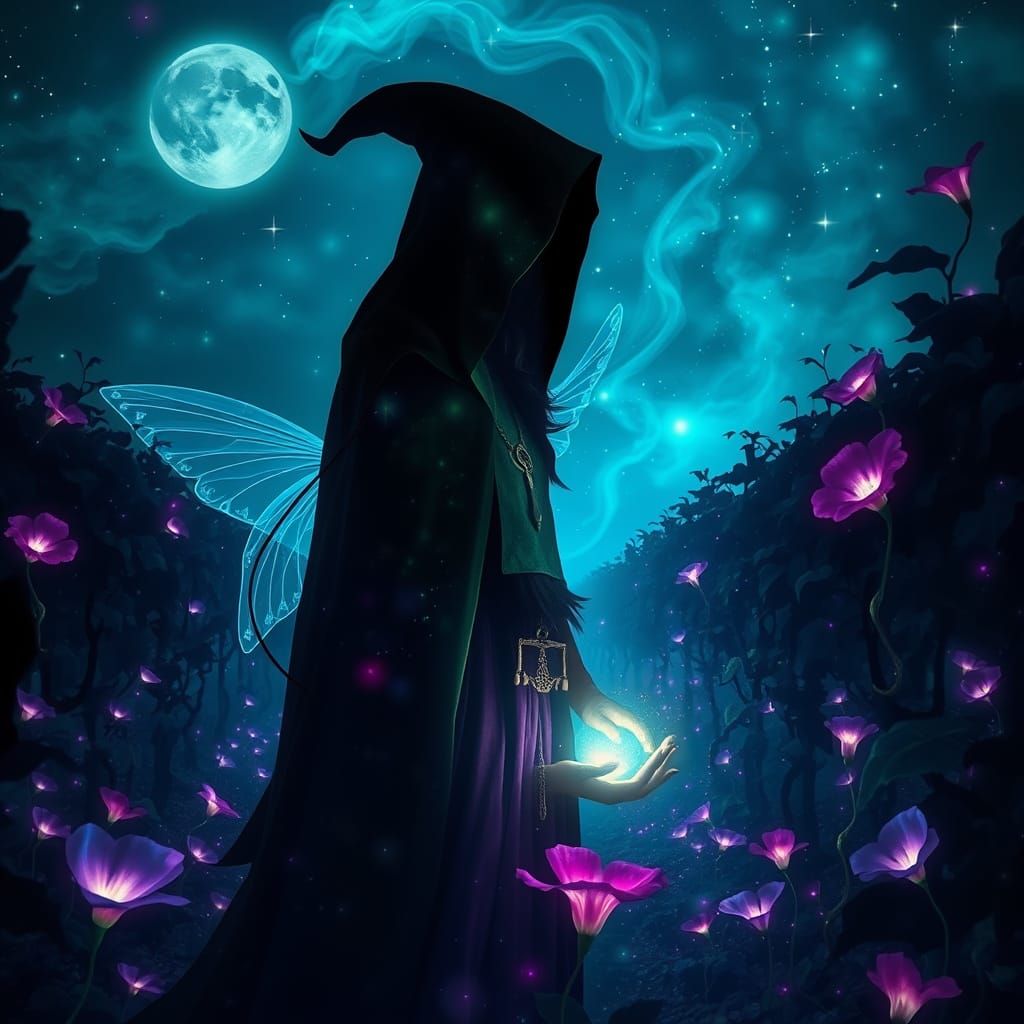 Ethereal Elf Witch Amidst Holographic Morning Glory Vineyard