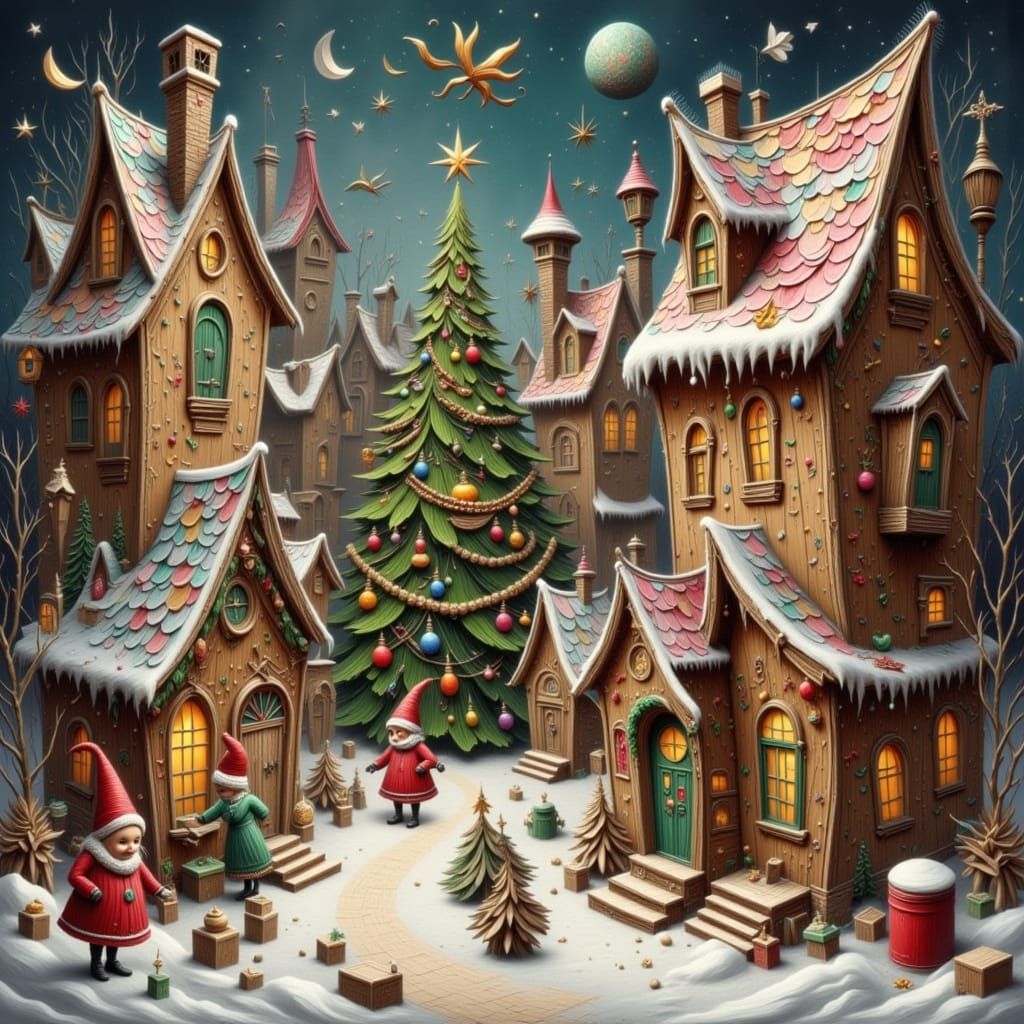 Gnomes Decorate Gingerbread Village with Christmas Lights