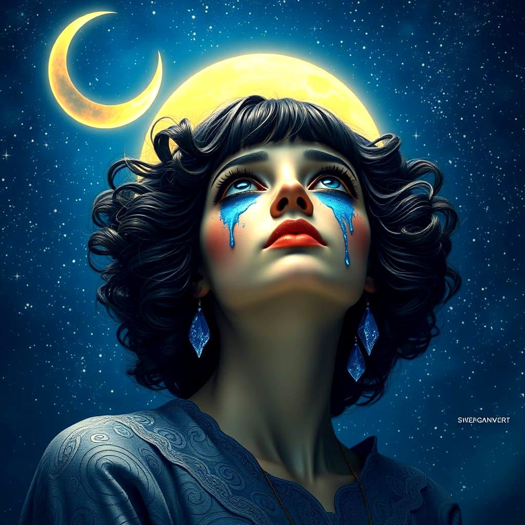 Gazing Woman in Blue Glittering Tears under Crescent Moon