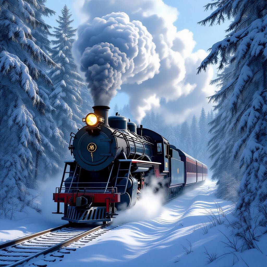Majestic Steam Train in Ancient Forest Fantasy Art
