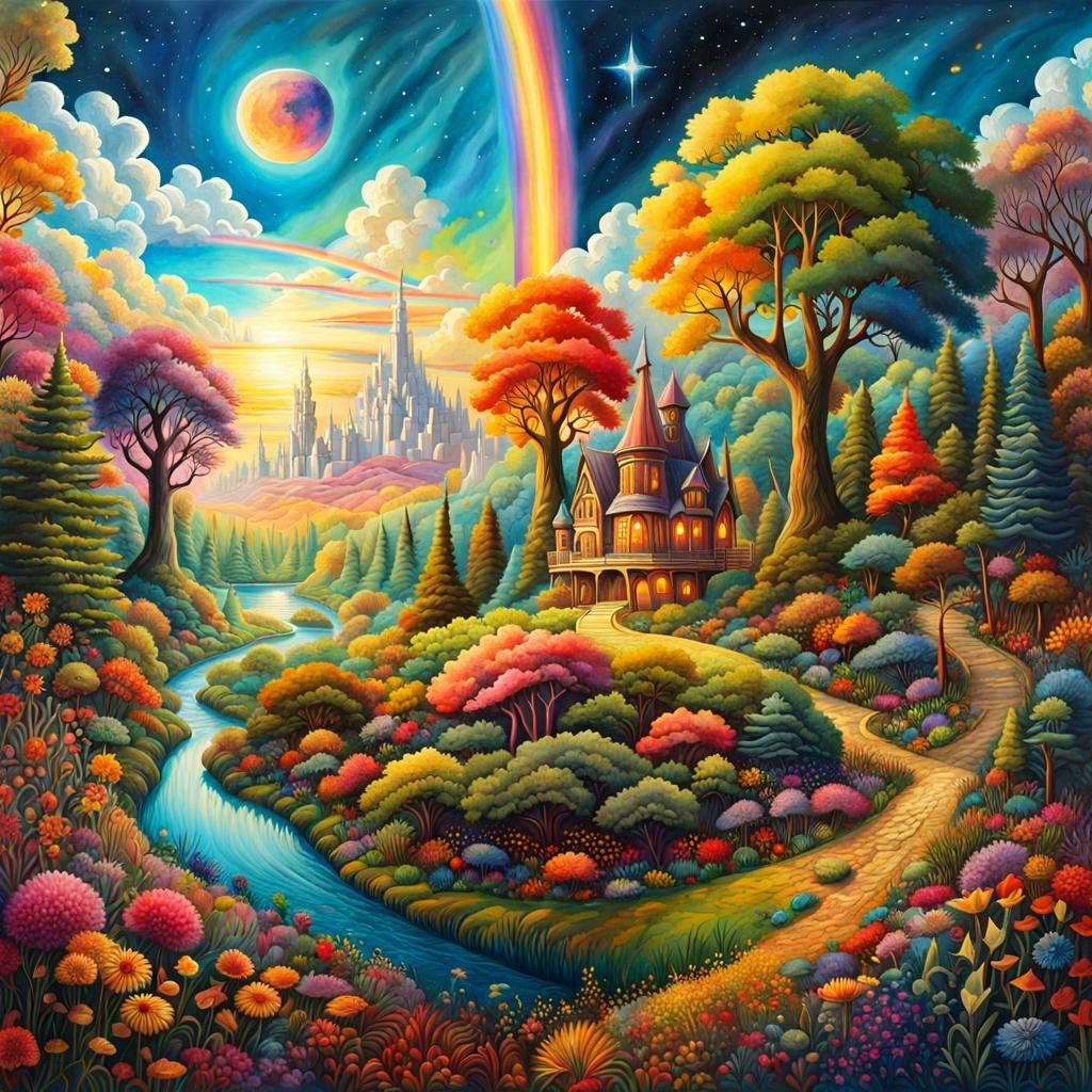 Utopian World: Colorful Trees and Rainbow Sky