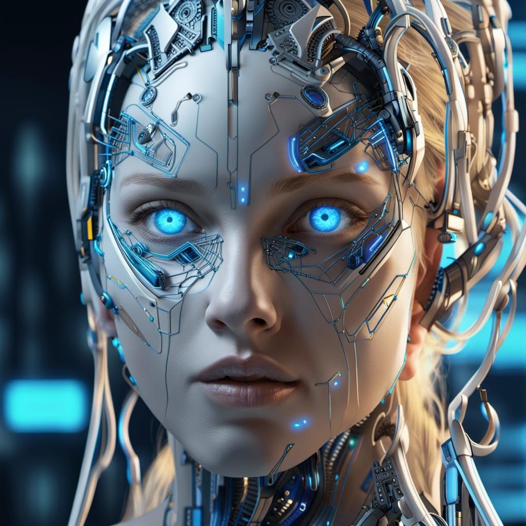 Robotic Woman's Face in Detailed Digital Art