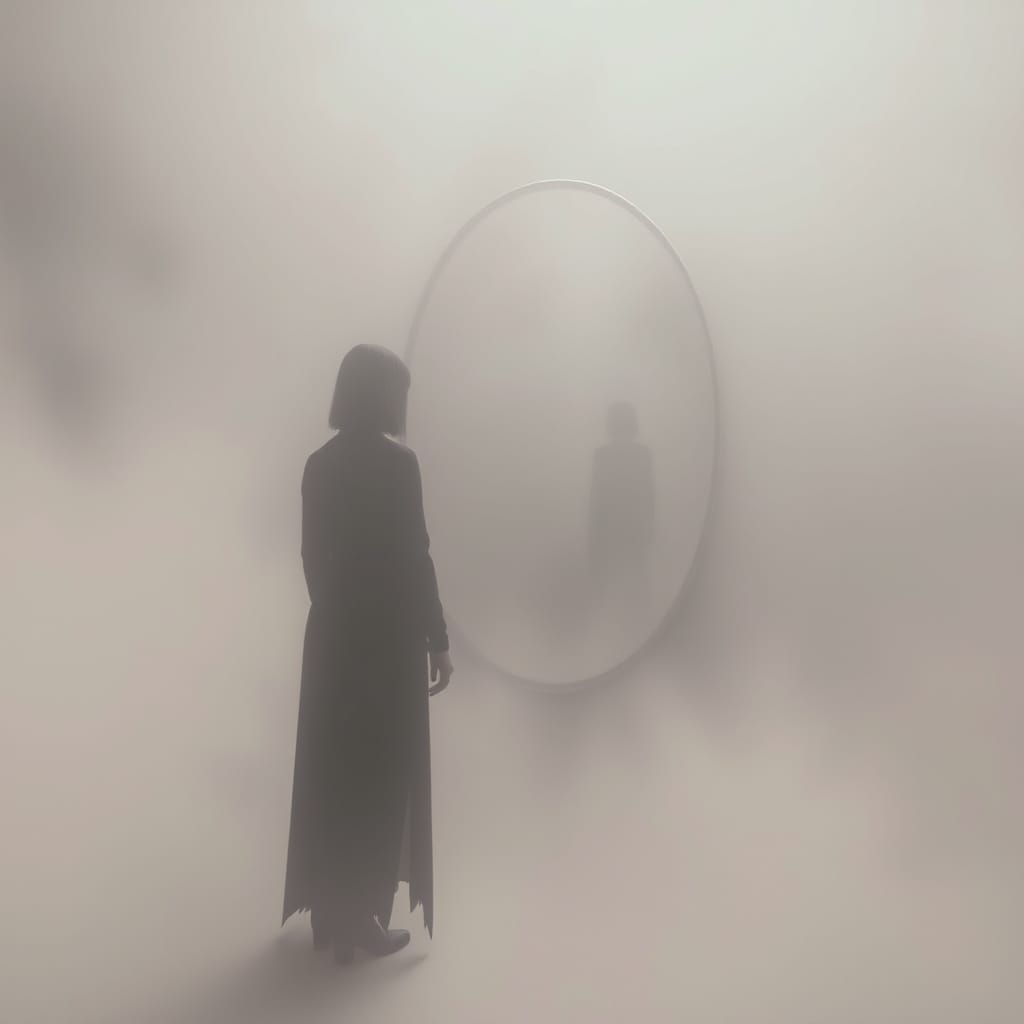 Eerie Distorted Reflection in Misty Mirror, Digital Artwork