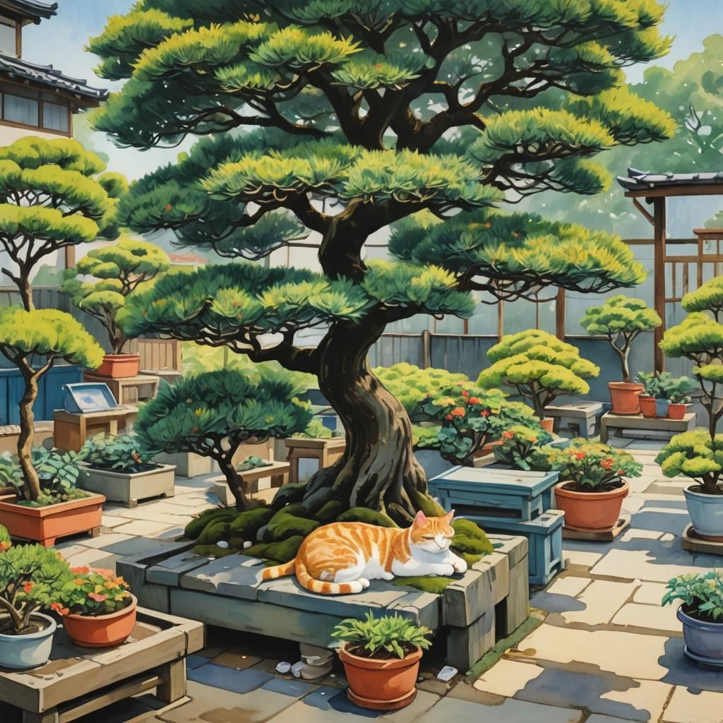 Cat Nap in Tokyo Bonsai Nursery: Gouache Watercolor