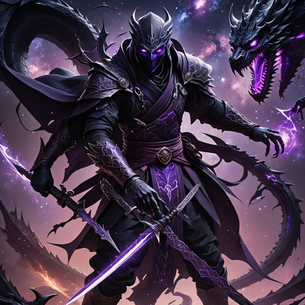 Drow Riding Dragon in Starry Universe, Digital Art