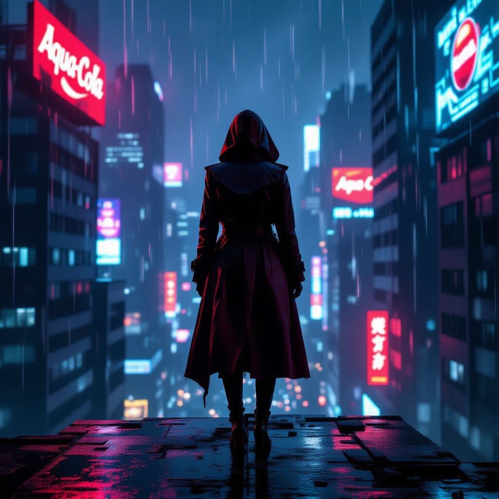 Cyberpunk Figure on Skyscraper Over Neon City