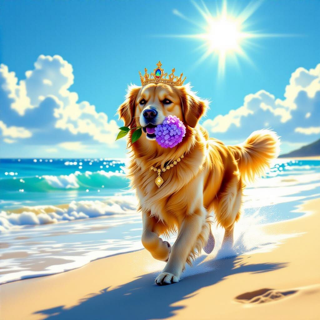 Golden Retriever Runs Joyfully on Sparkling Ocean Shore