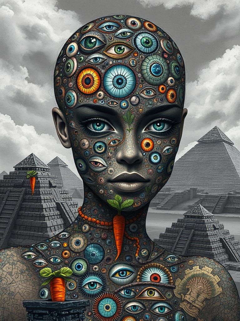 Surreal Goddess of Whispers, Skin Made of Vibrant Eyes, Pyra...