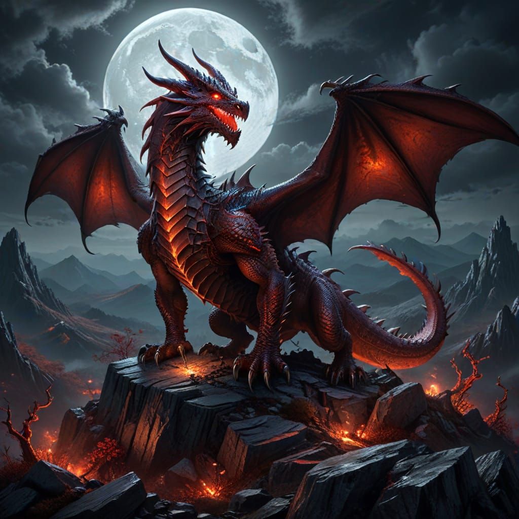 Majestic Red Dragon on Halloween Hill Under Full Moon