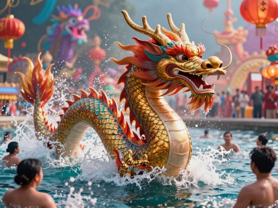 Majestic Chinese Dragon Joins New Year's Cold Plunge