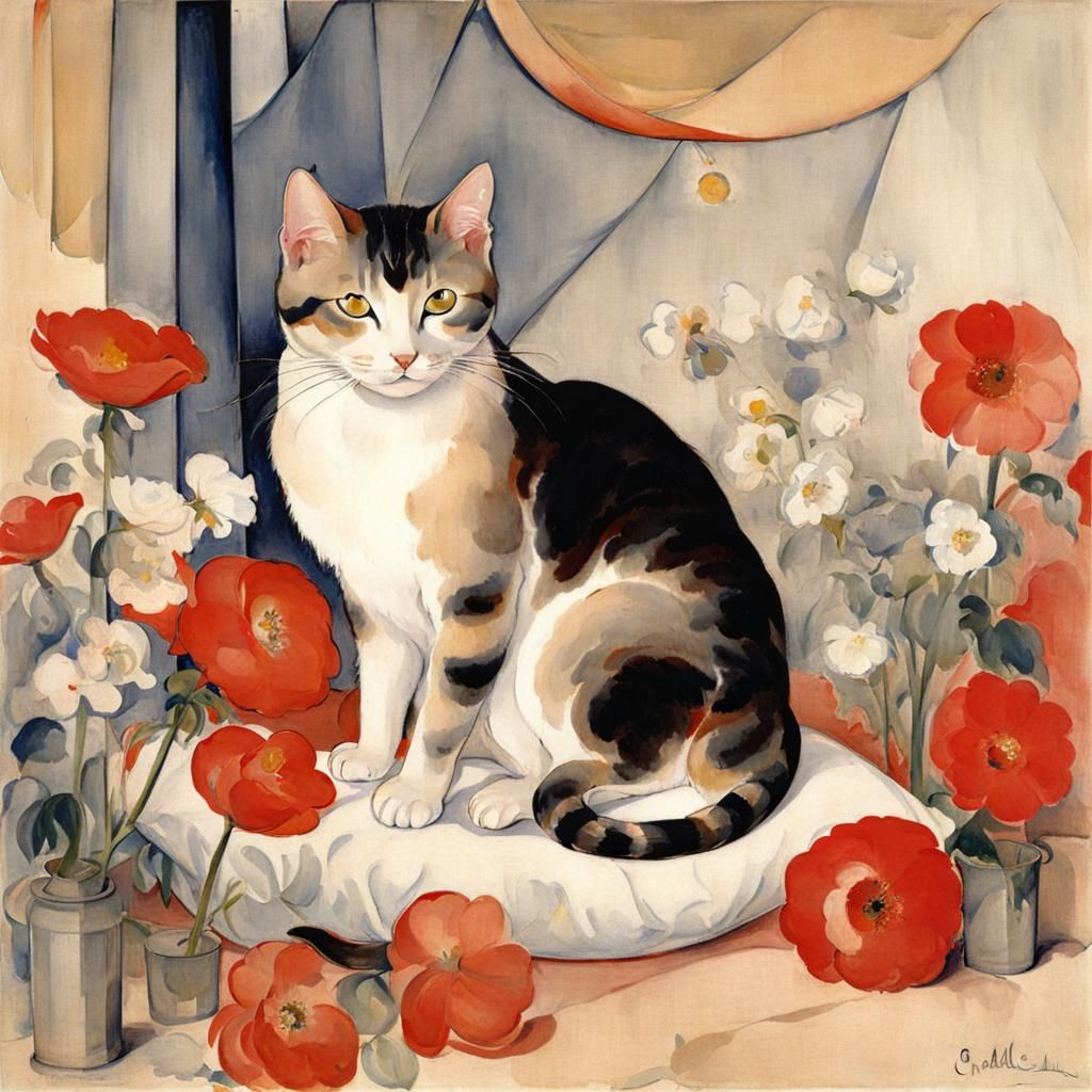 Cute Cat Among Flowers in Precisionist Style