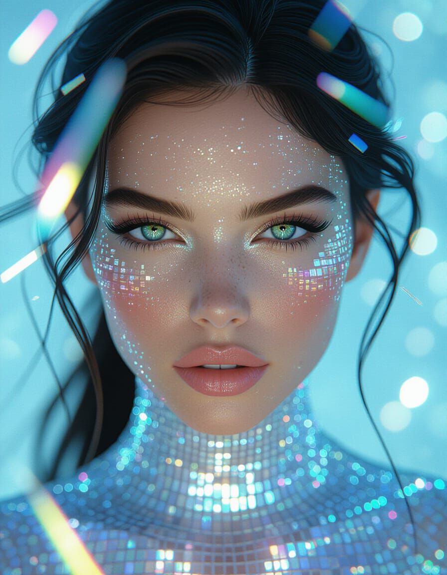 Nyla Portrait in Holographic Mesh with Neon Reflections