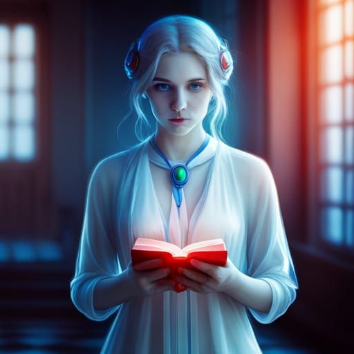 Ethereal Girl with Glowing Book in Retro Style