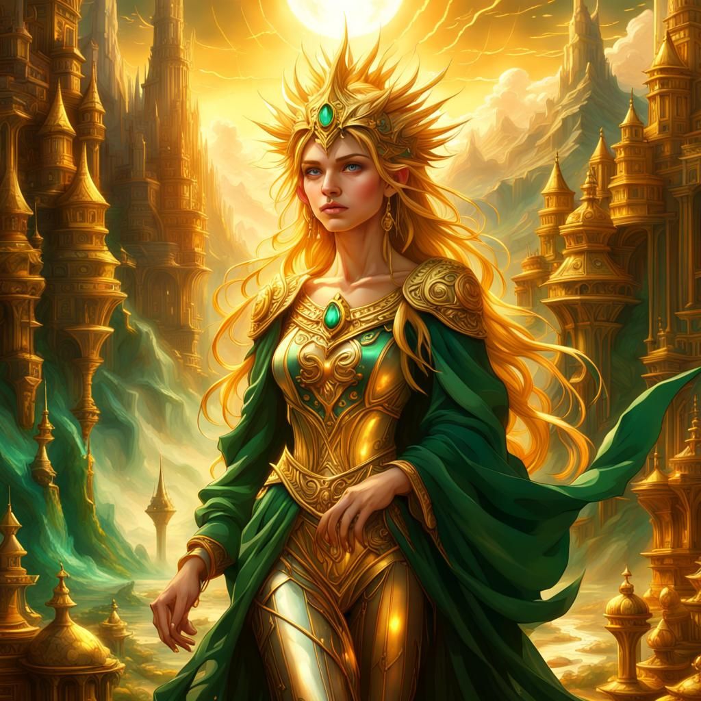 Golden Sun Maiden in Emerald Kingdom: Digital Painting